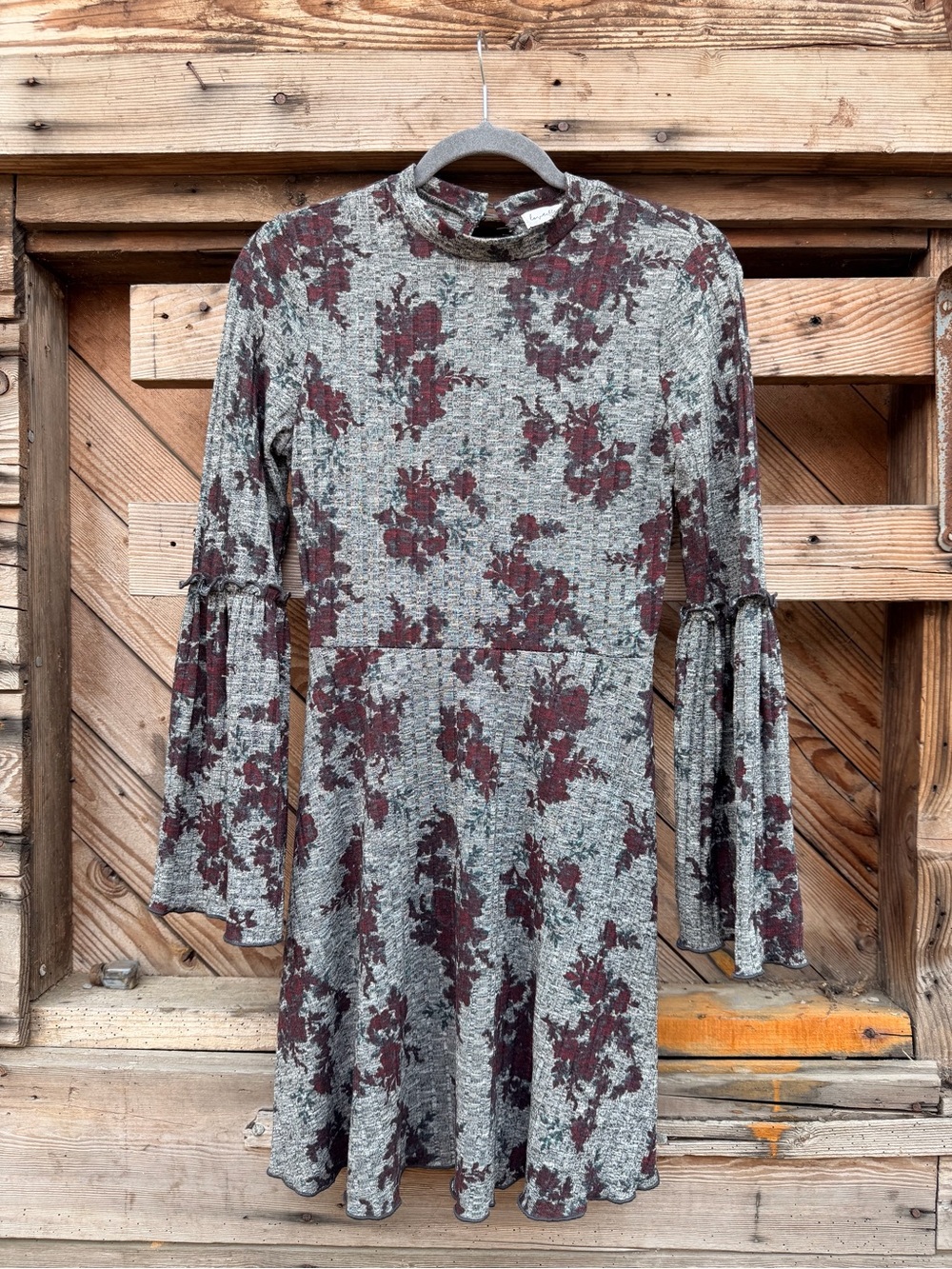 love, Fire Gray and Burgundy Floral Long-Sleeve Fit & Flare Dress